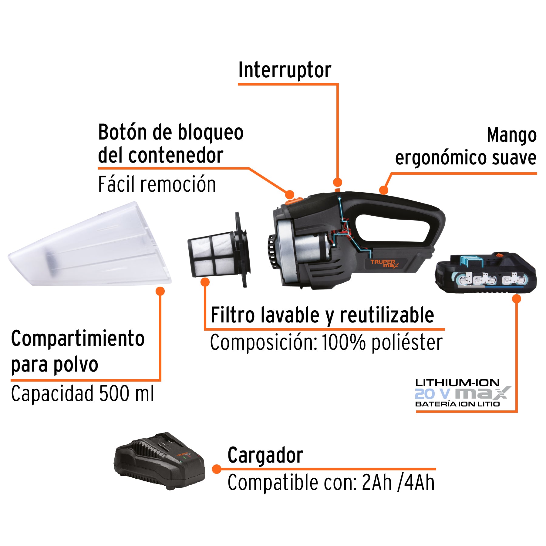 Aspiradora inalámbrica, 20V, Truper MAX MAX-20A 102446 MM1