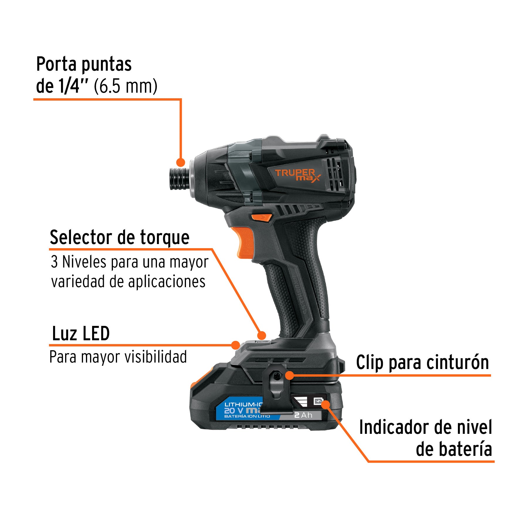 Destornillador de impacto inalámbrico 1/4', 20V,sin carbones MAX-20D 101402 MM1