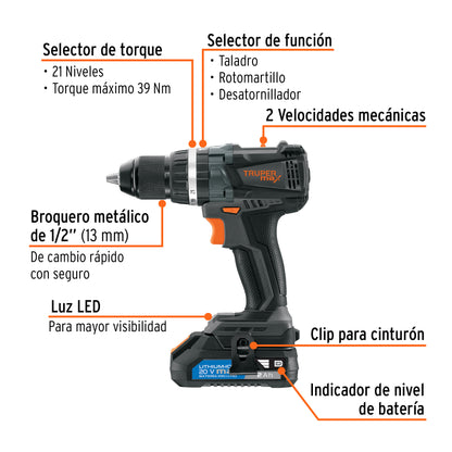 Rotomartillo inalámbrico 1/2', 20V, sin carbones, Truper MAX MAX-20R 101453 MM1