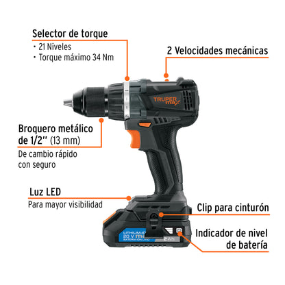 Taladro inalámbrico 1/2', 20V, s/accesorios, Truper MAX MAX-20TS 101404 MM1