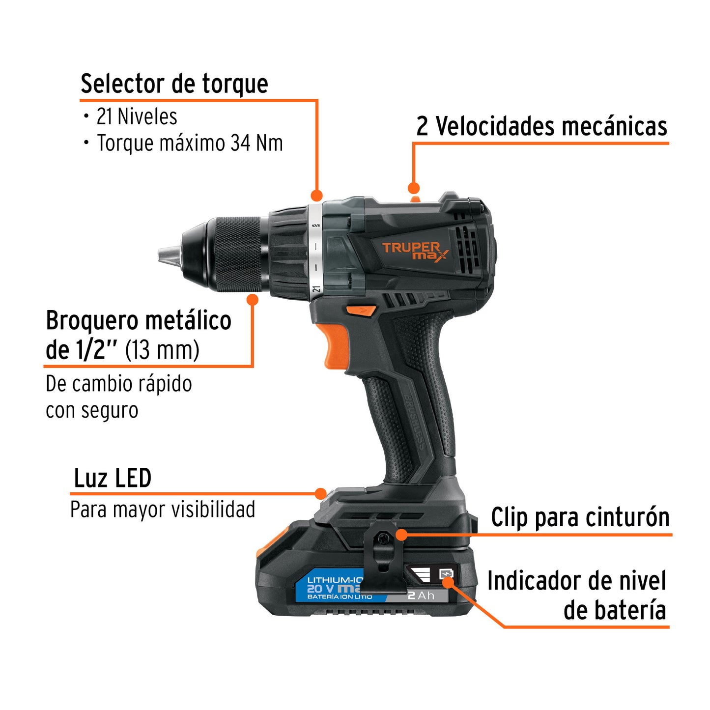 Taladro inalámbrico 1/2', 20V, sin carbones, Truper MAX MAX-20T 101452 MM1