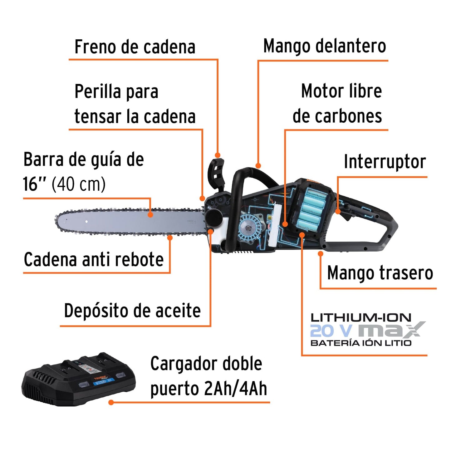 Motosierra inalámbrica 16', 40 V, sin carbones, Truper MAX MAX-40M 102491 MM1