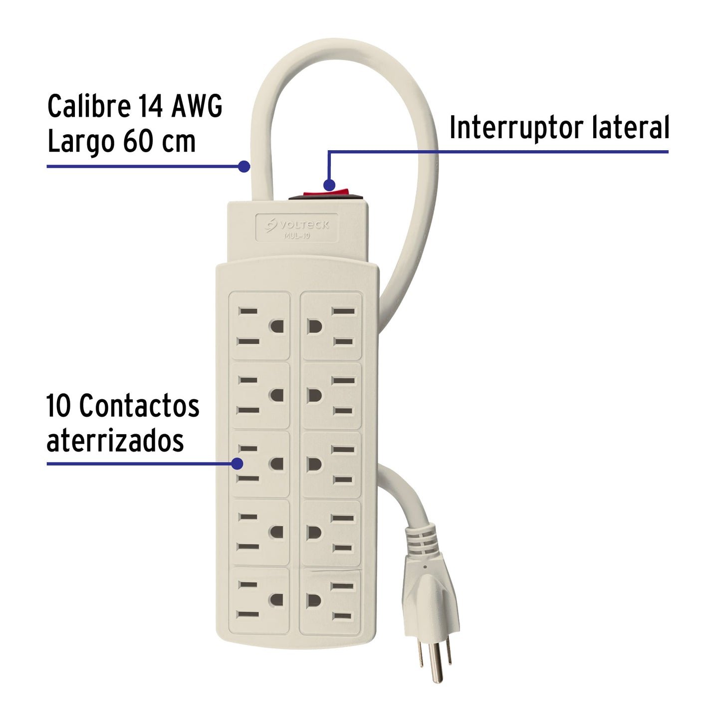 Multicontacto 14 AWG uso rudo con 10 entradas, Volteck MUL-10 47234 MM0