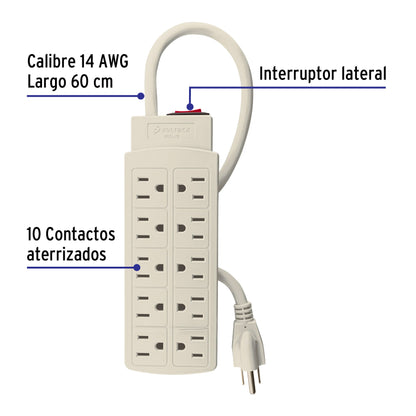 Multicontacto 14 AWG uso rudo con 10 entradas, Volteck MUL-10 47234 MM0