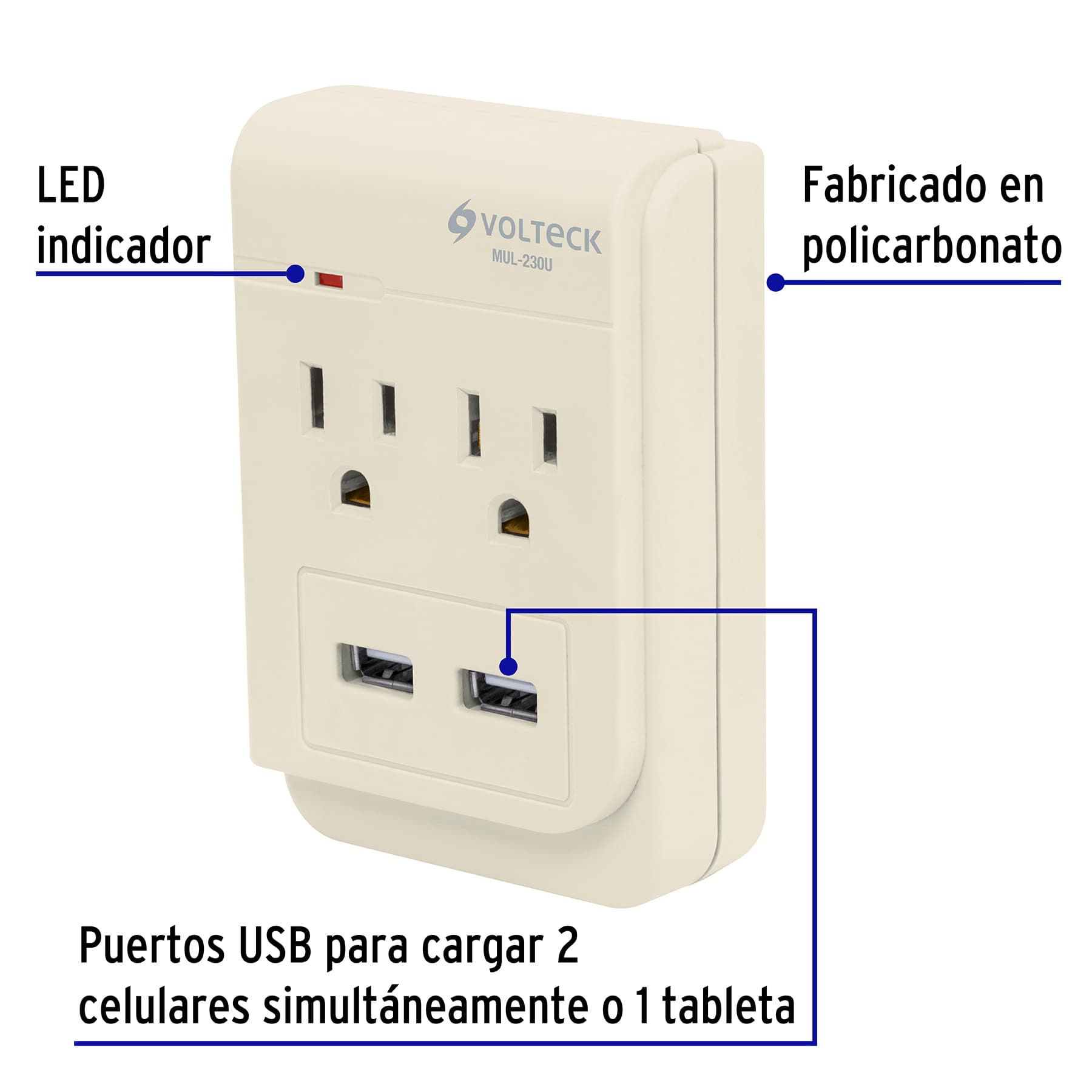 Multicontacto, 2 entradas,con 2 entradas USB, aterrizado MUL-230U 46088 MM00