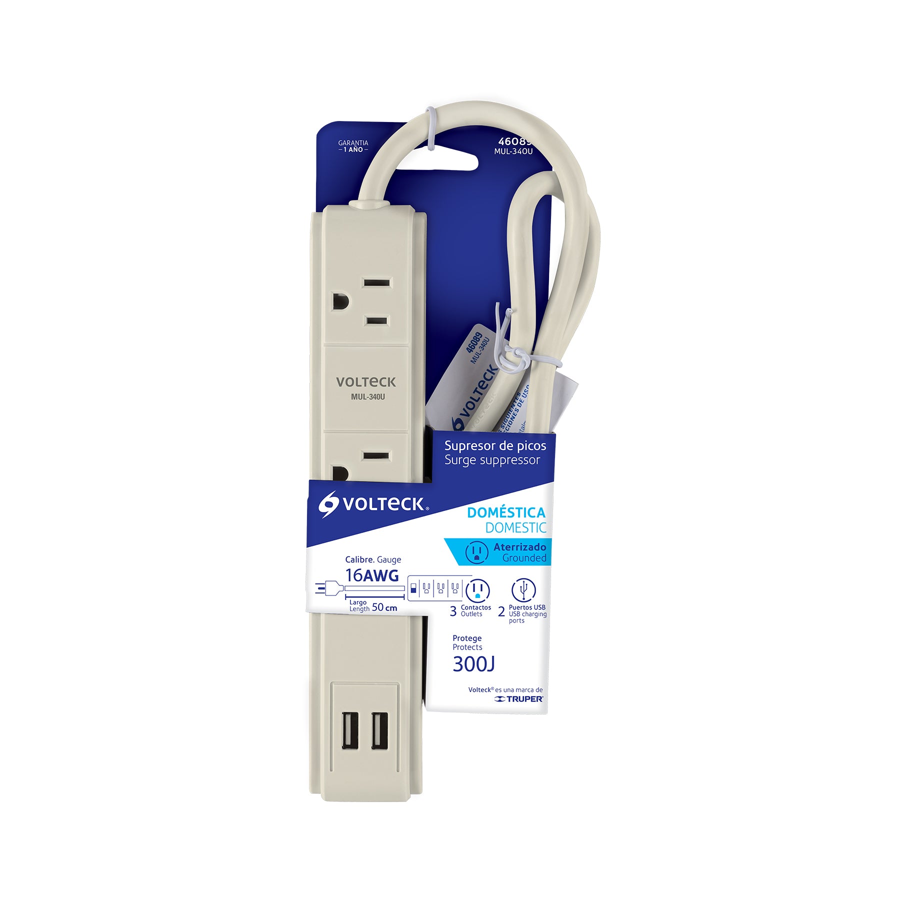 Multicontacto 16 AWG 3 entradas 2 puertos USB supresor 300 J MUL-340U 46089 MM0