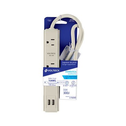 Multicontacto 16 AWG 3 entradas 2 puertos USB supresor 300 J MUL-340U 46089 MM0