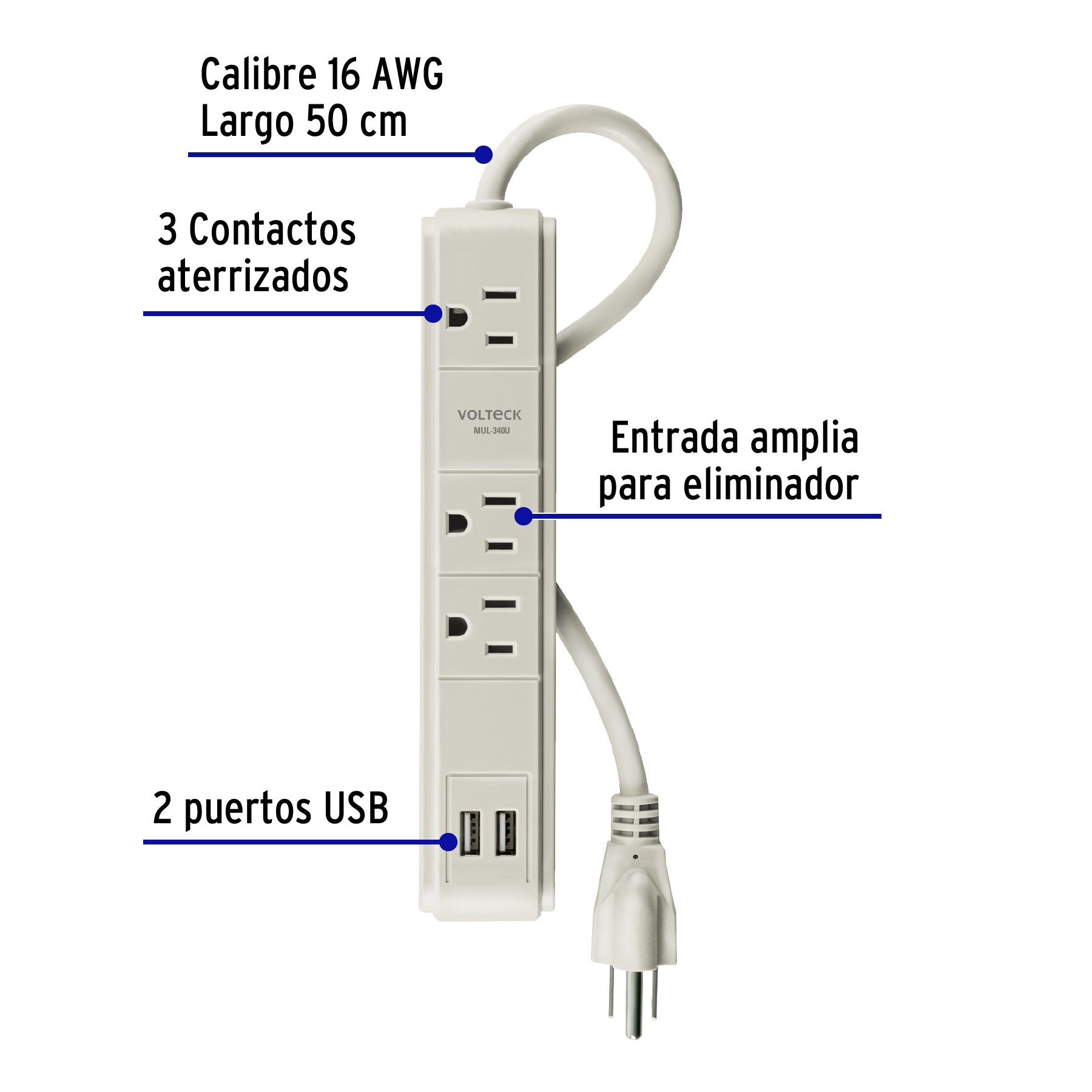 Multicontacto 16 AWG 3 entradas 2 puertos USB supresor 300 J MUL-340U 46089 MM0