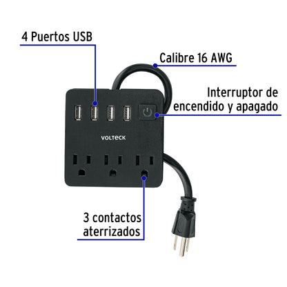 Multicontacto 16 AWG doméstico, 3 entradas 4 ptos USB, negro MUL-3UN 49321 MM00