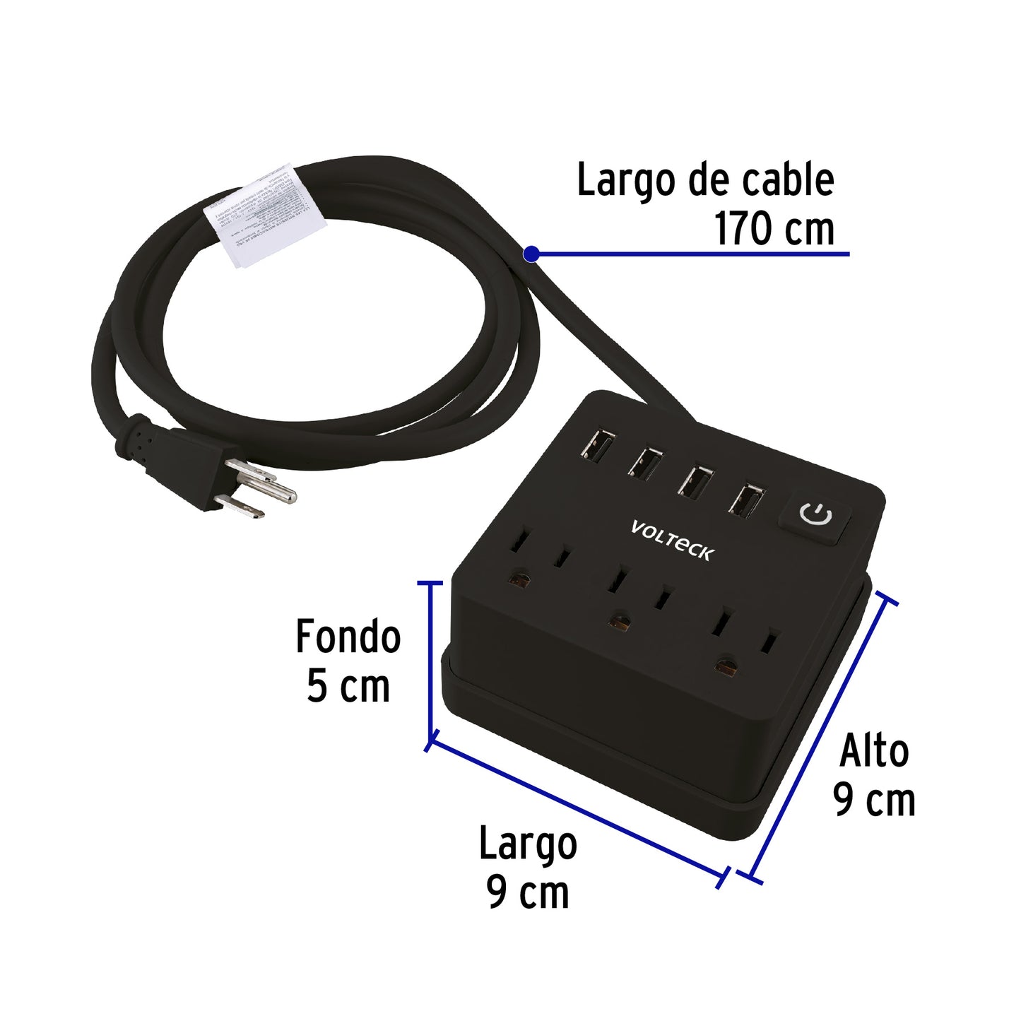 Multicontacto 16 AWG doméstico, 3 entradas 4 ptos USB, negro MUL-3UN 49321 MM00