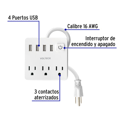 Multicontacto 16 AWG doméstico 3 entradas 4 ptos USB, blanco MUL-3U 49322 MM00