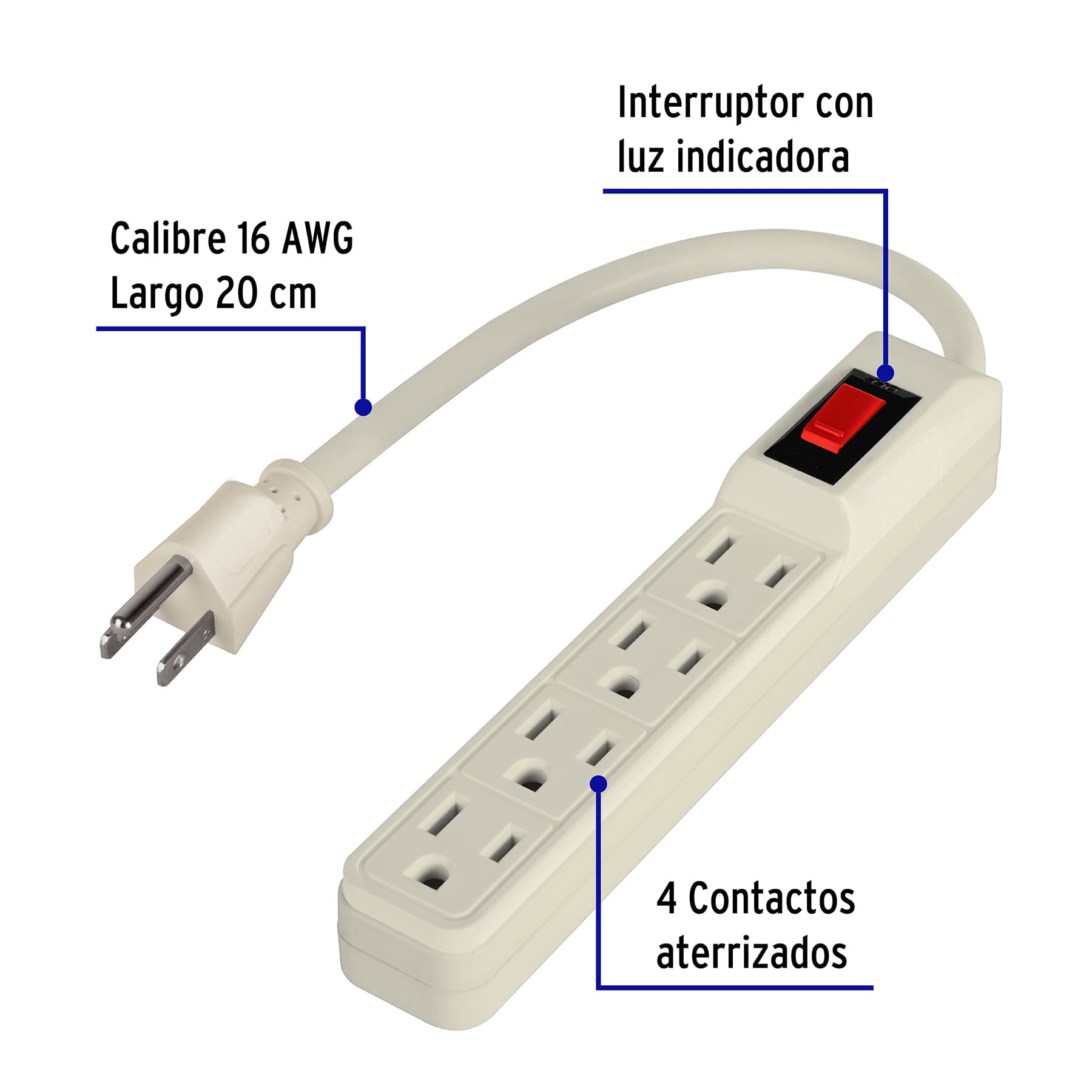 Multicontacto 16 AWG doméstico 4 entradas, Volteck MUL-4E 46181 MM0