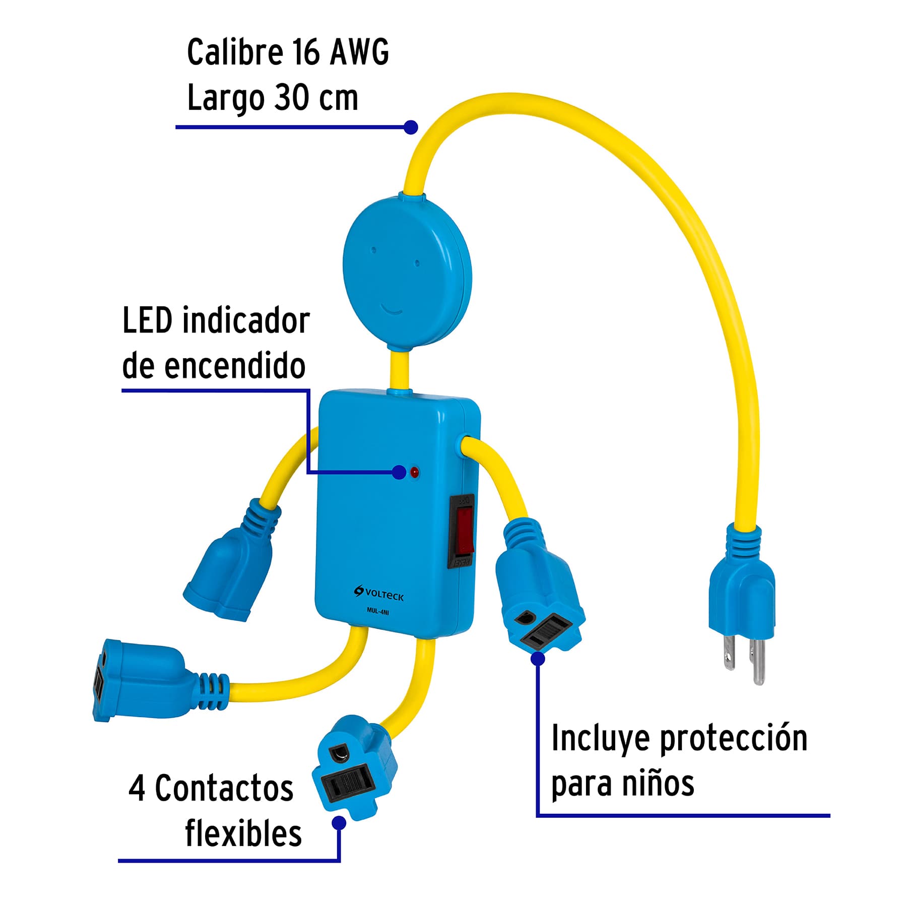 Multicontacto 16 AWG figura de niño con 4 entradas, Volteck MUL-4NI 48182 MM0