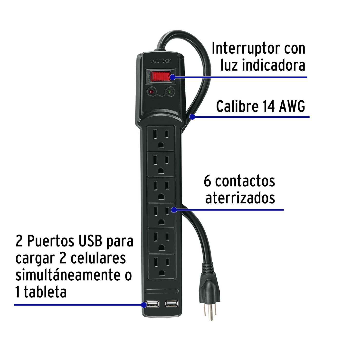 Multicontacto 16 AWG 6 entradas 2 ptos. USB sup. 150J, negro MUL-615UN 46328 MM00