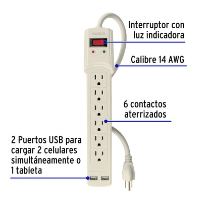 Multicontacto 16 AWG 6 entradas 2 ptos. USB sup. 150J marfil MUL-615U 46329 MM00