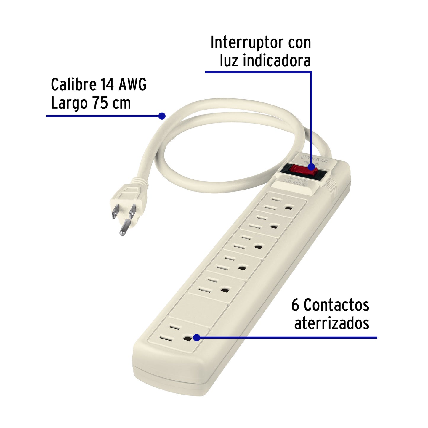 Multicontacto 14 AWG 6 entradas supresor de picos 270 joules MUL-627 47183 MM0