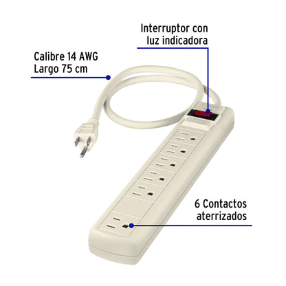 Multicontacto 14 AWG 6 entradas supresor de picos 270 joules MUL-627 47183 MM0