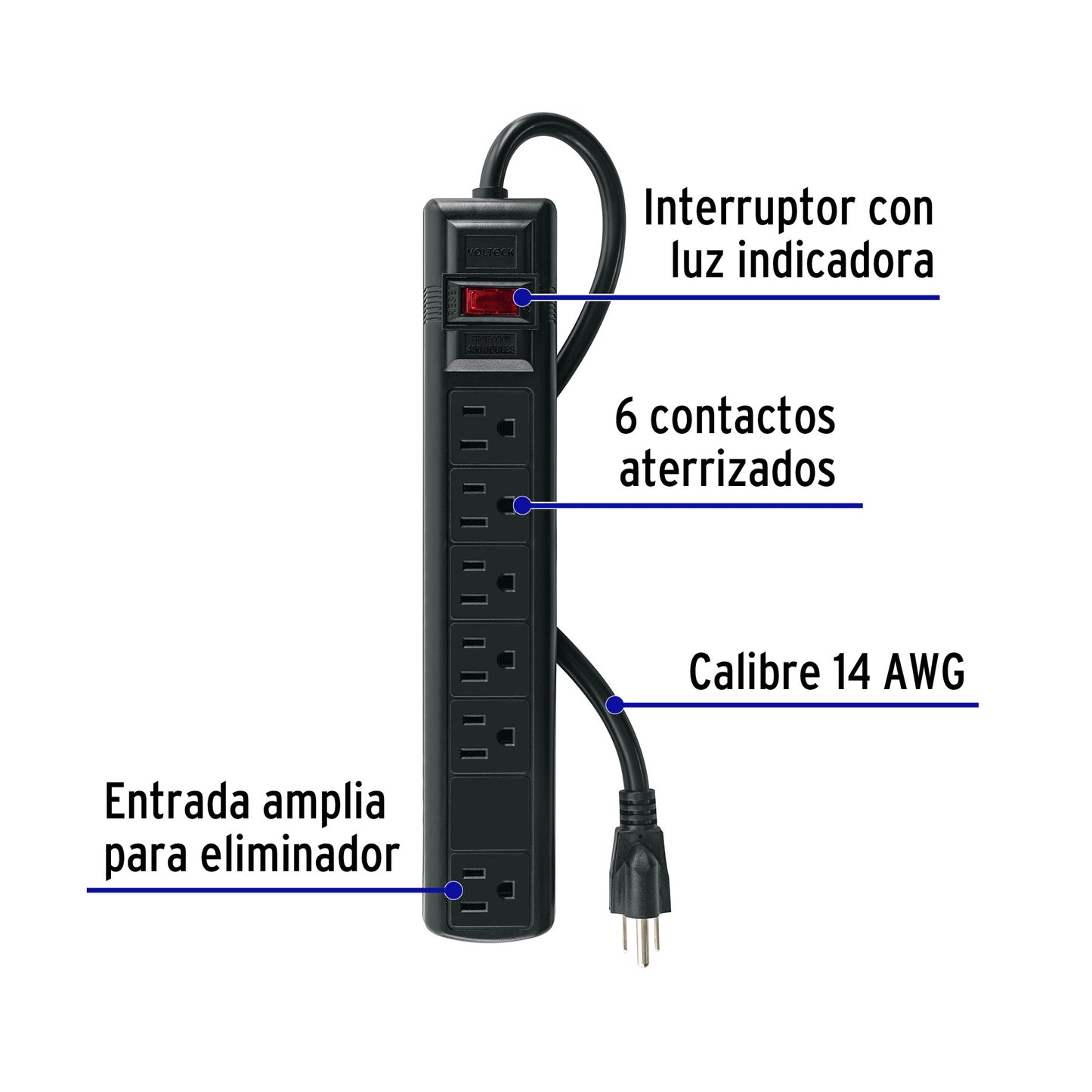 Multicontacto 14 AWG 6 ent., sup. de picos 450 joules, negro MUL-645N 47804 MM00