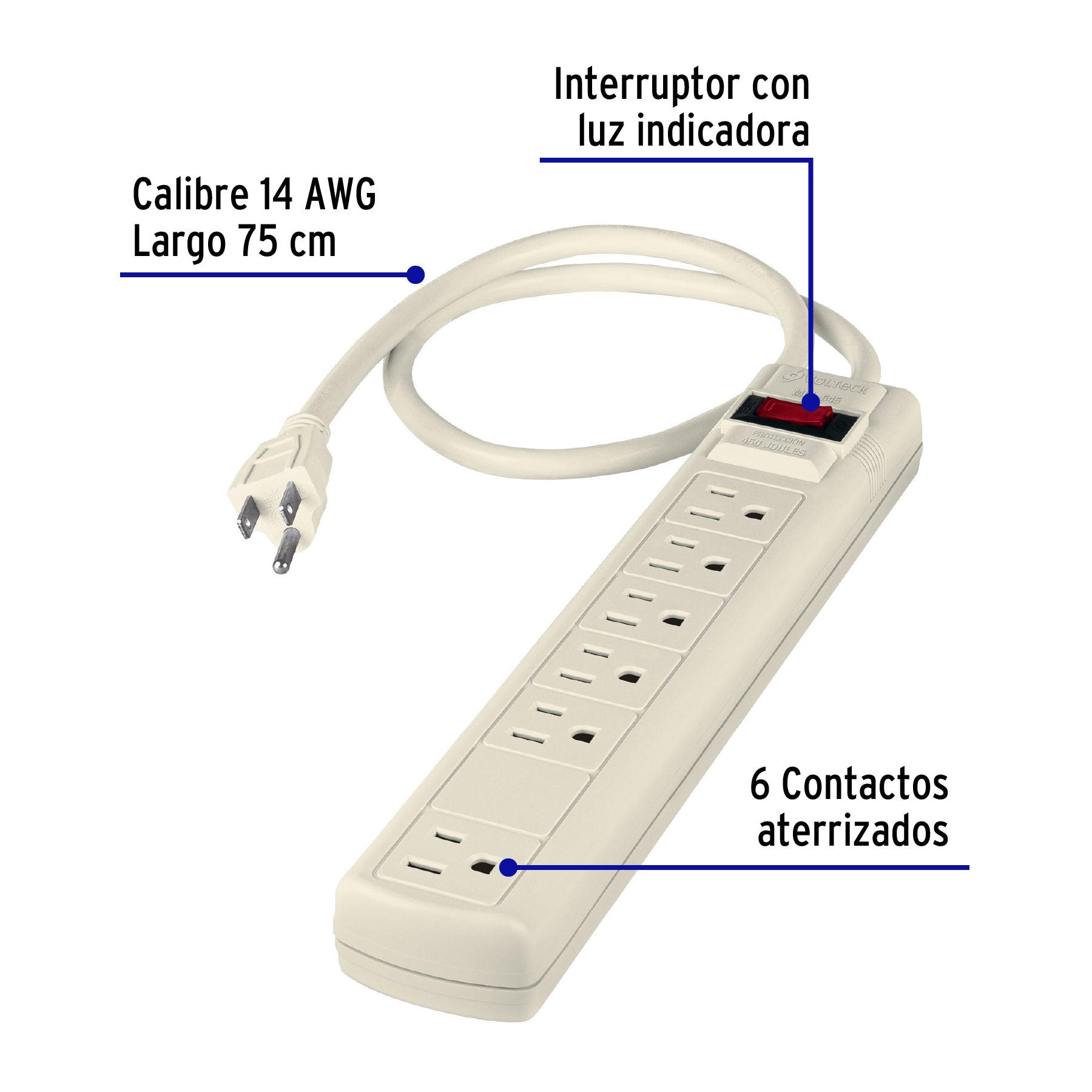 Multicontacto 14 AWG 6 entradas supresor de picos 450 joules MUL-645 47184 MM0