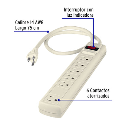 Multicontacto 14 AWG 6 entradas supresor de picos 450 joules MUL-645 47184 MM0