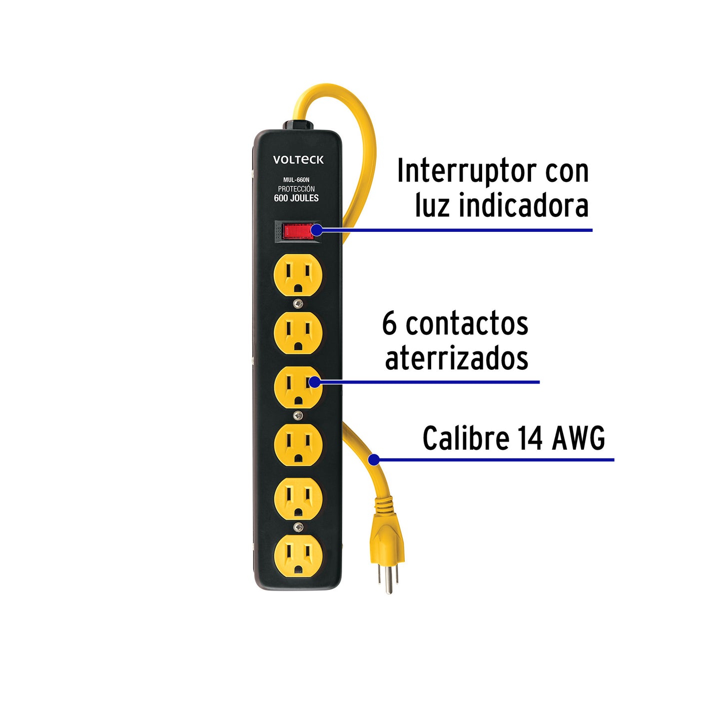 Multicontacto 14 AWG, 6 entradas sup. de picos 600 J, negro MUL-660N 46719 MM00