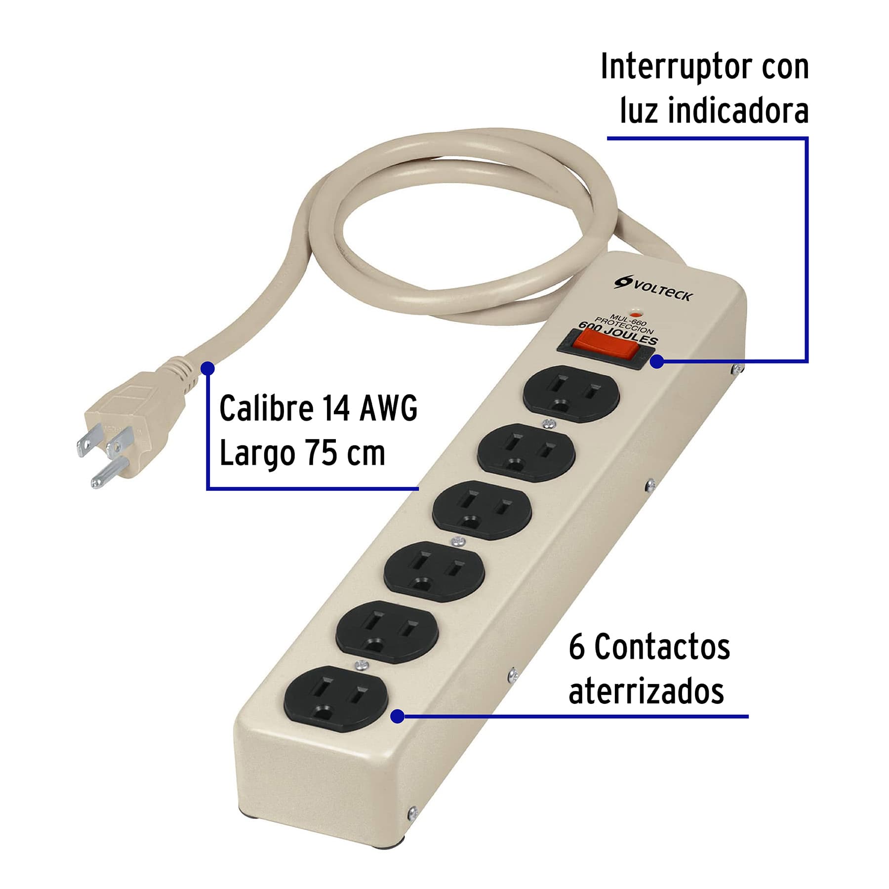 Multicontacto 14 AWG 6 entradas supresor de picos 600 joules MUL-660 47185 MM0