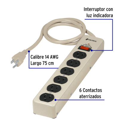 Multicontacto 14 AWG 6 entradas supresor de picos 600 joules MUL-660 47185 MM0