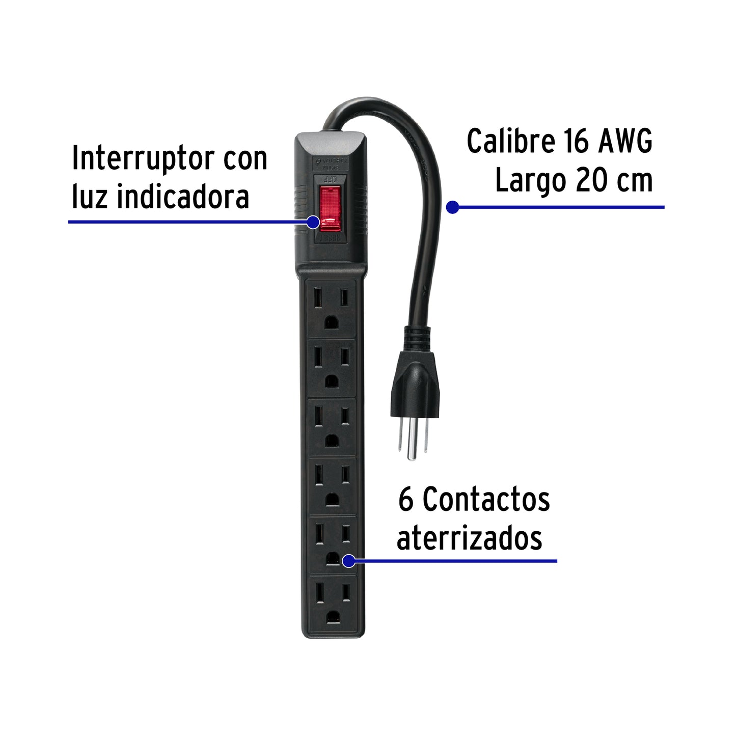 Multicontacto 16 AWG doméstico económico 6 entradas, negro MUL-6EN 49860 MM0