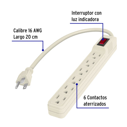 Multicontacto 16 AWG doméstico 6 entradas, Volteck MUL-6E 47188 MM0