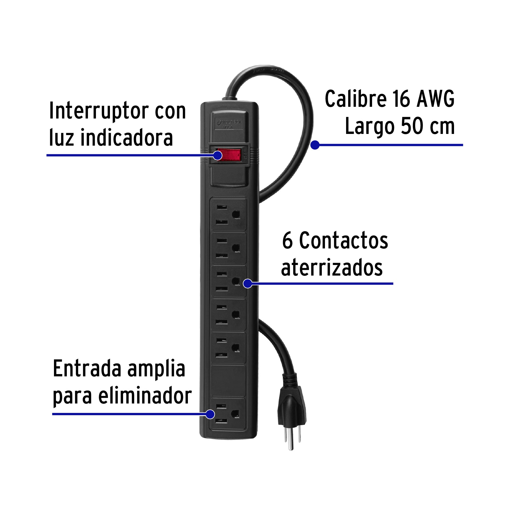 Multicontacto 16 AWG doméstico con 6 entradas, negro Volteck MUL-6N 49859 MM0