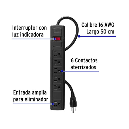 Multicontacto 16 AWG doméstico con 6 entradas, negro Volteck MUL-6N 49859 MM0