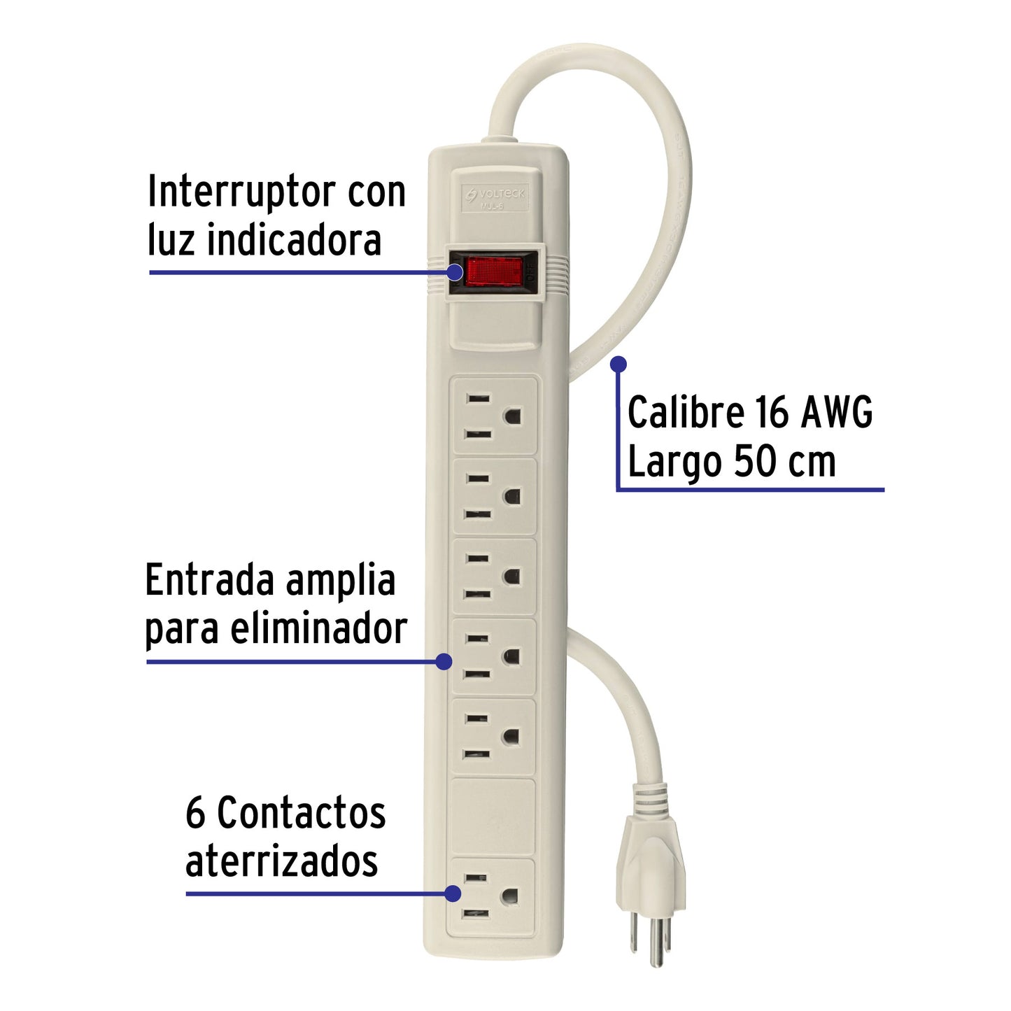 Multicontacto 16 AWG uso rudo con 6 entradas, Volteck MUL-6 47182 MM0