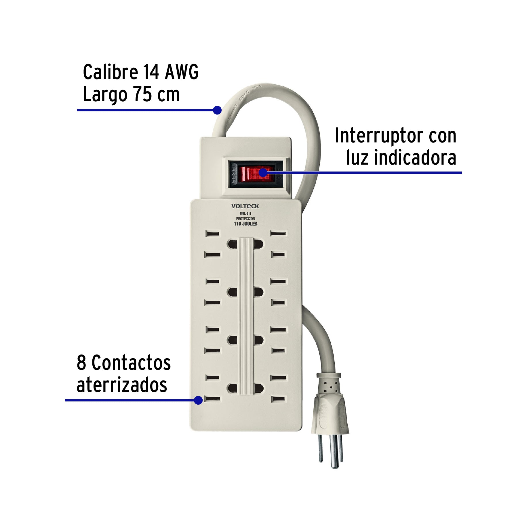 Multicontacto 14 AWG 8 entradas supresor de picos 110 joules MUL-811 47187 MM0