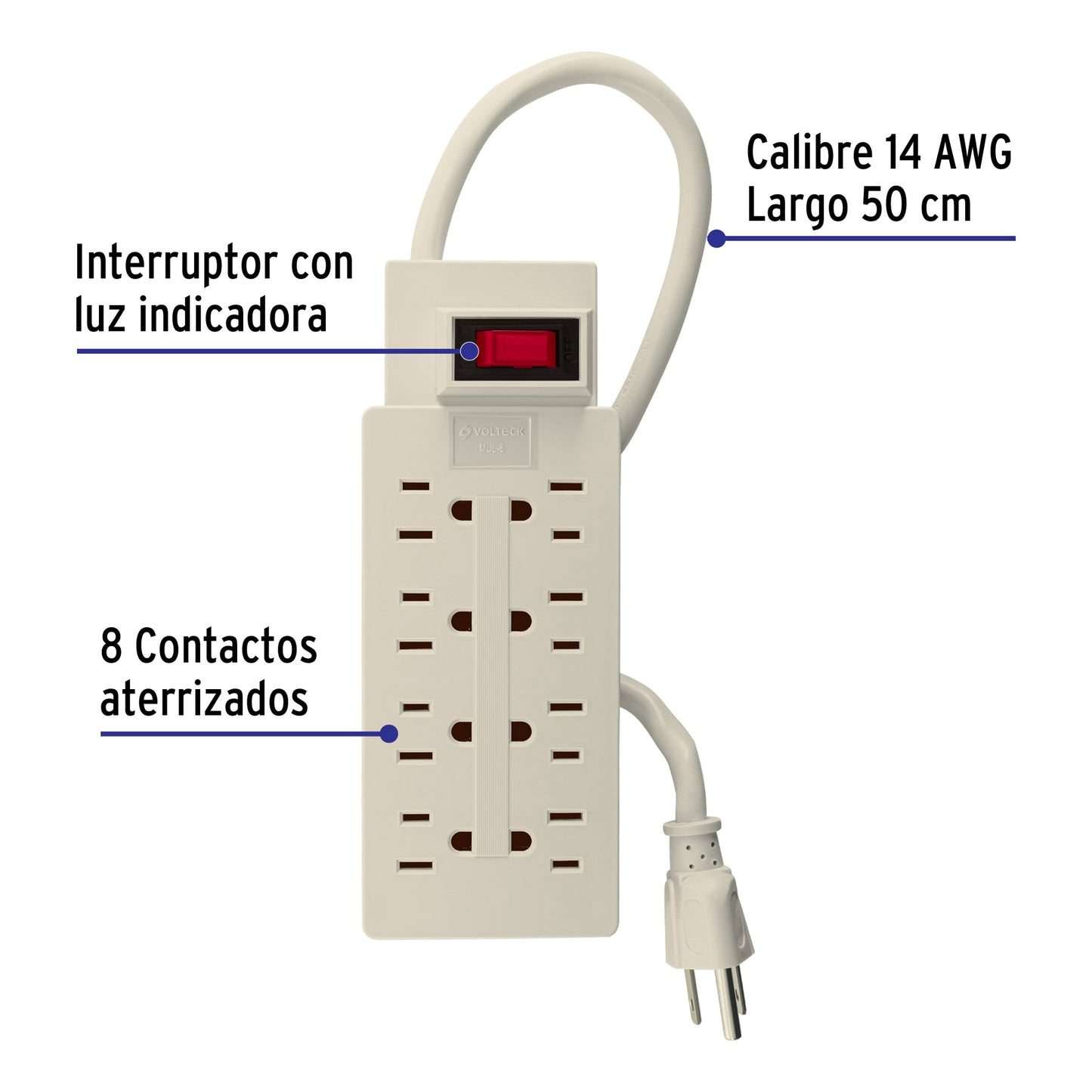 Multicontacto 14 AWG uso rudo con 8 entradas, Volteck MUL-8 47186 MM0