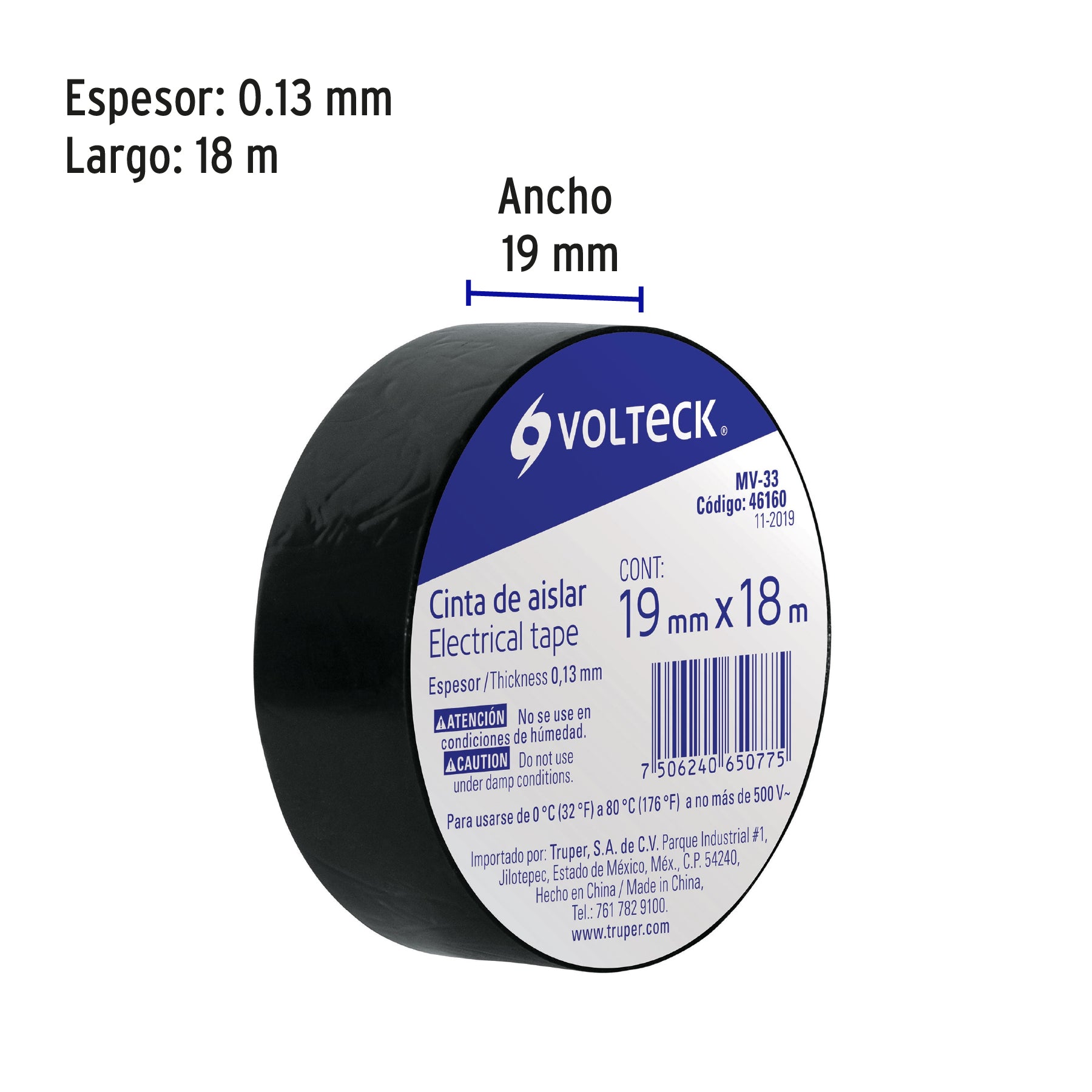 Cinta de aislar de 18 m x 19 mm, negra, Volteck MV-33 46160 MM00