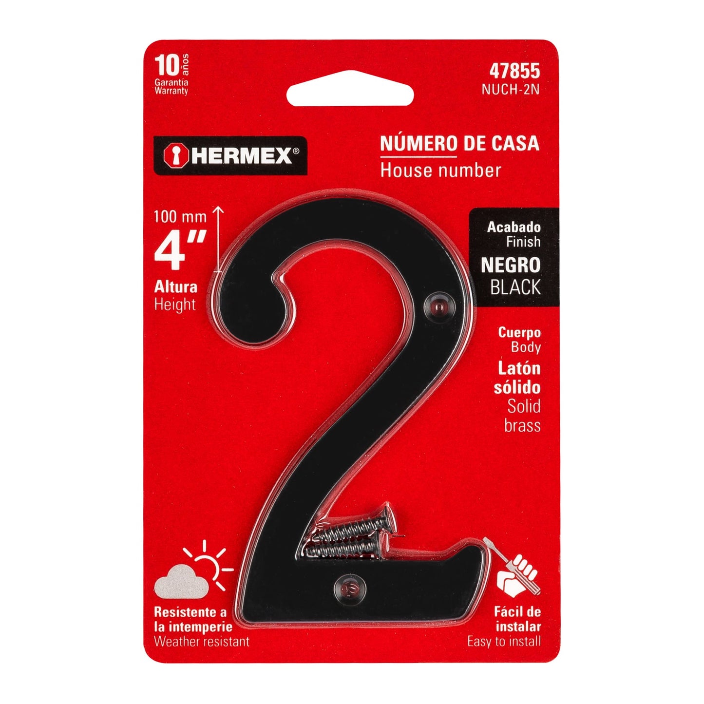 Número 2 de latón sólido 4', negro,  Hermex NUCH-2N 47855 MM0