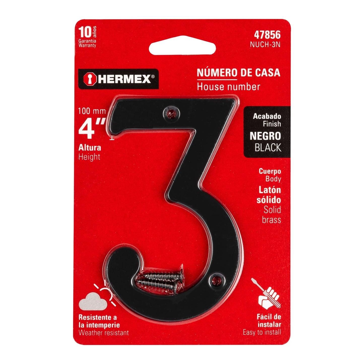 Número 3 de latón sólido 4', negro,  Hermex NUCH-3N 47856 MM0