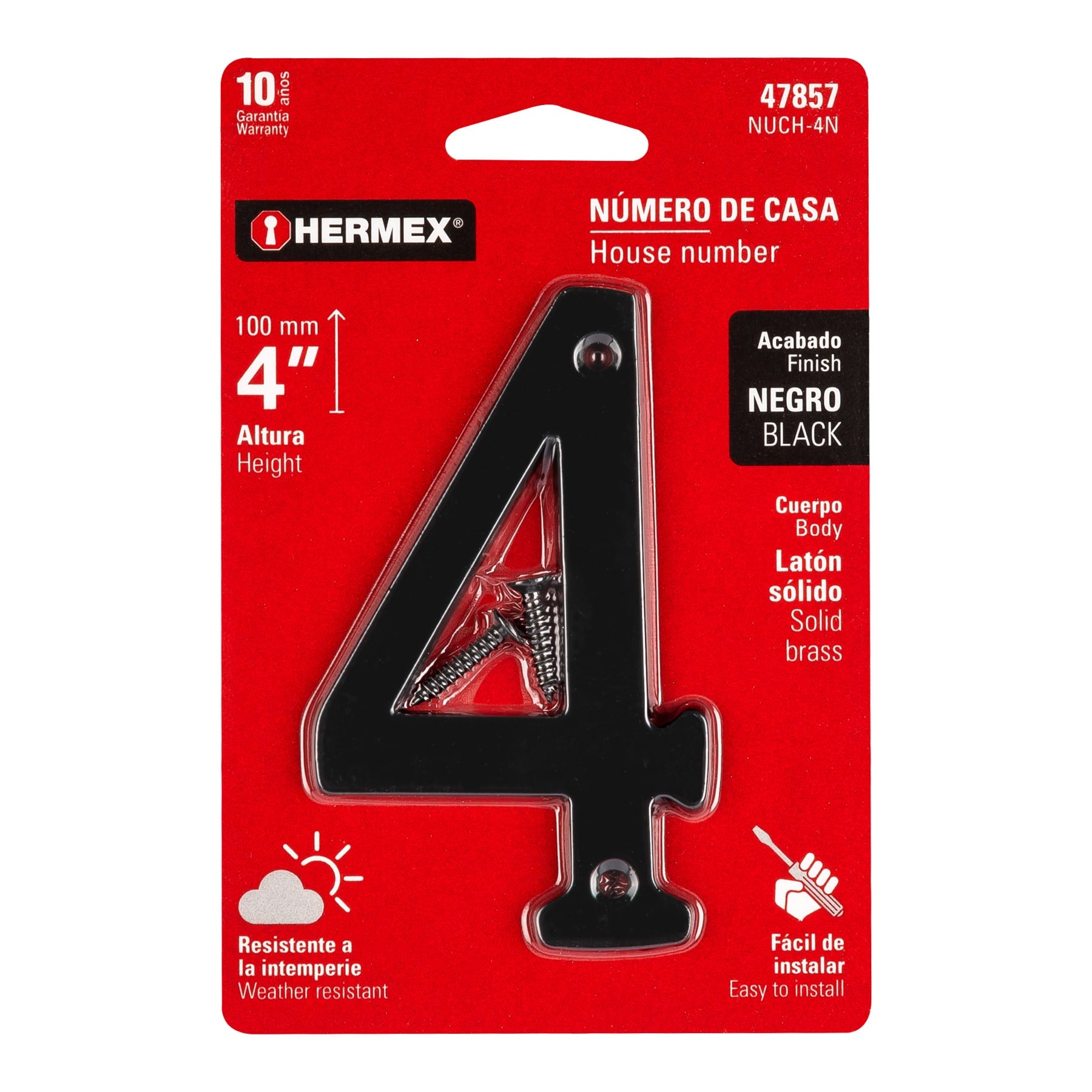 Número 4 de latón sólido 4', negro,  Hermex NUCH-4N 47857 MM0