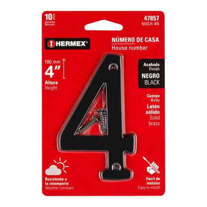 Número 4 de latón sólido 4', negro,  Hermex NUCH-4N 47857 MM0