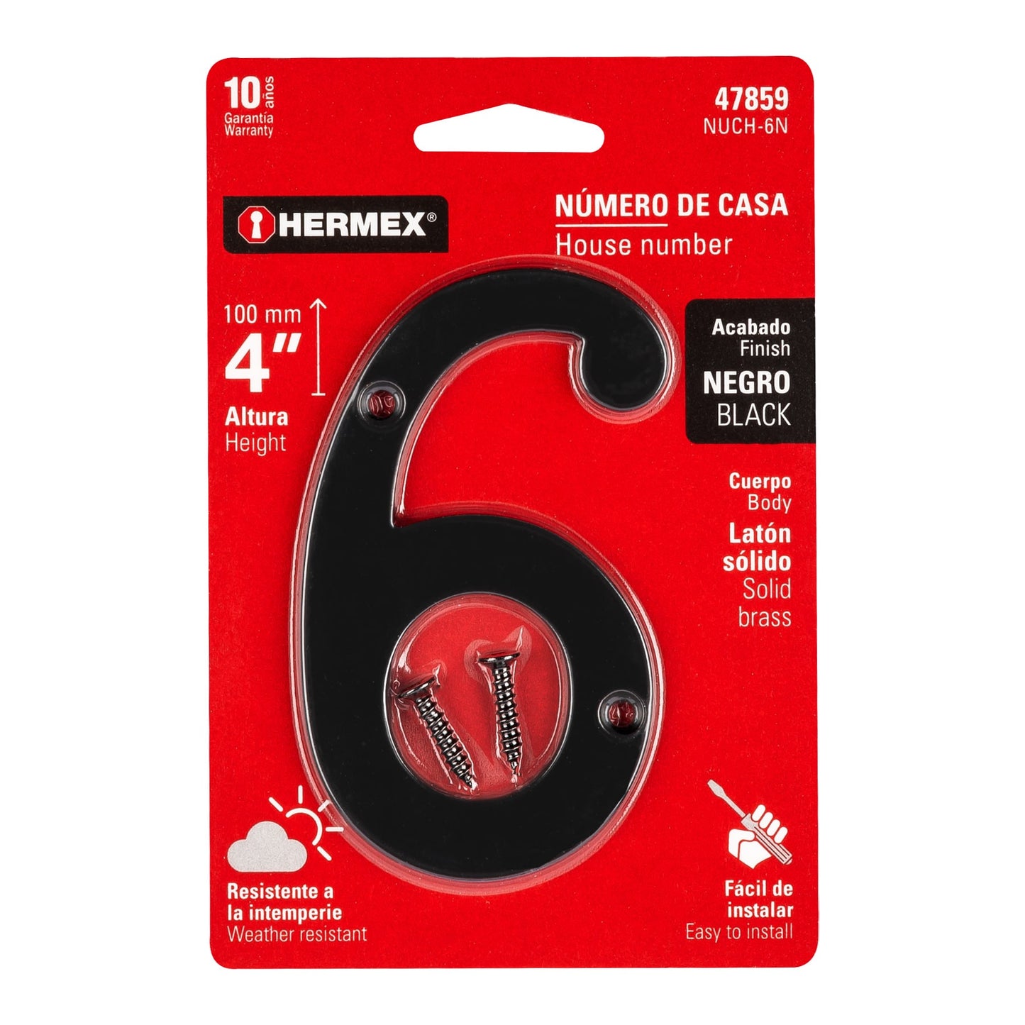 Número 6 de latón sólido 4', negro,  Hermex NUCH-6N 47859 MM0