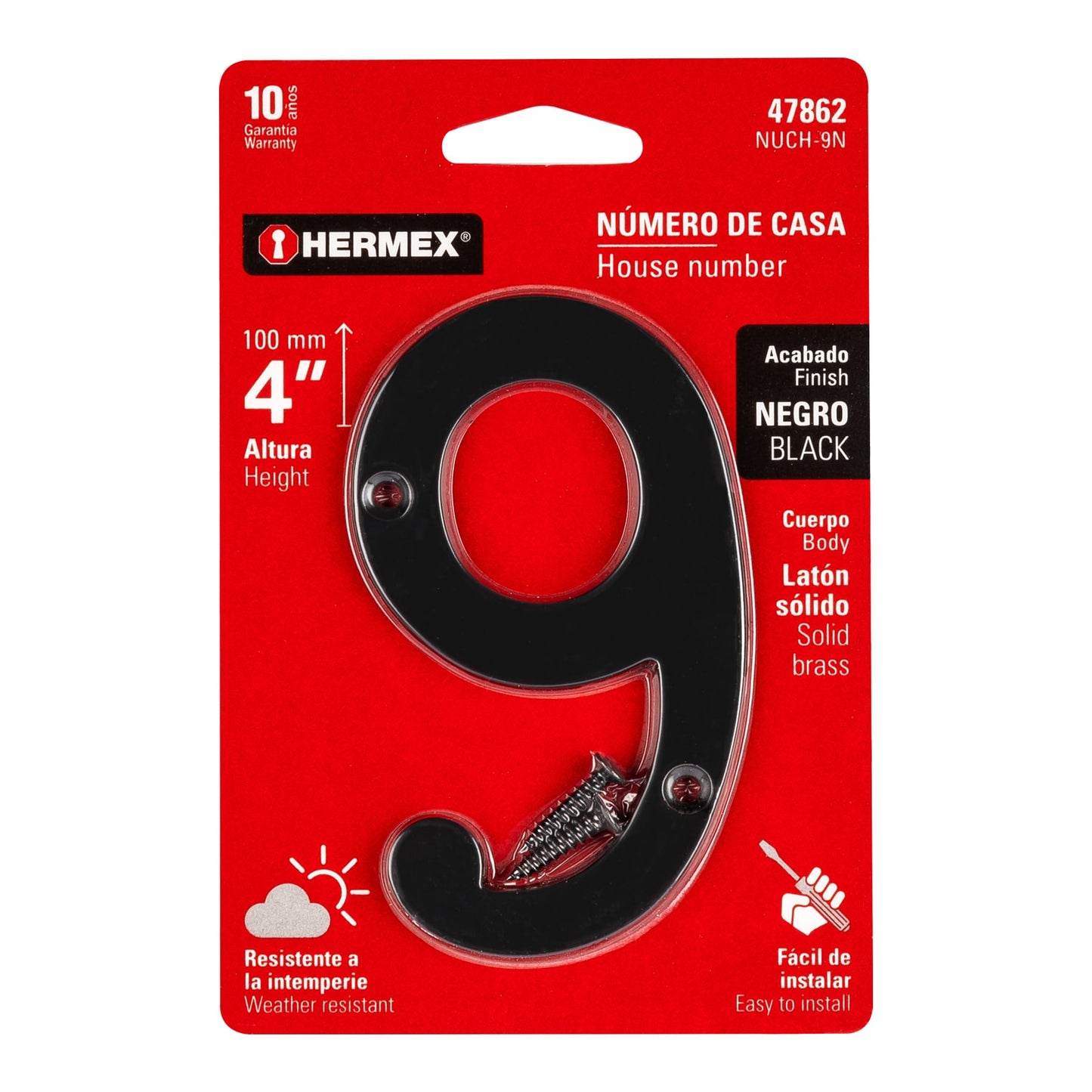 Número 9 de latón sólido 4', negro,  Hermex NUCH-9N 47862 MM0