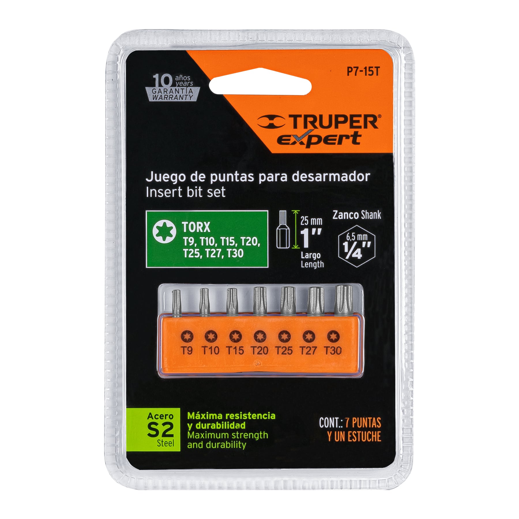 Juego de 7 puntas torx combinadas largo 1', Truper Expert P7-15T 17795 MM00