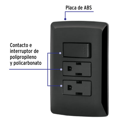 Placa armada 2 contactos e interruptor,negro, línea Italiana PA-APCO-I3N 47593 MM00