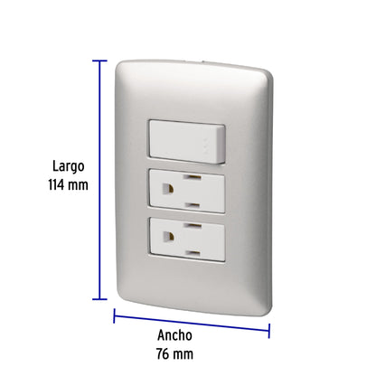 Placa armada 2 contactos e interruptor,plata, línea Italiana PA-APCO-I3P 46475 MM00