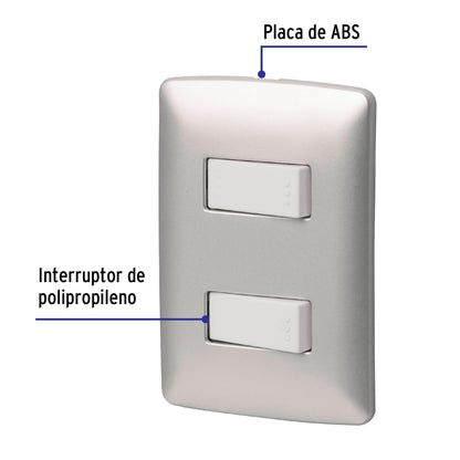 Placa armada 2 interruptores sencillos plata, línea Italiana PA-APDO-IP 46479 MM00