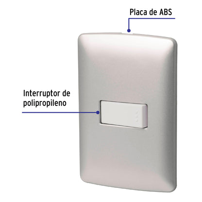 Placa armada 1 interruptor sencillo plata, línea Italiana PA-APSE-IP 46477 MM00