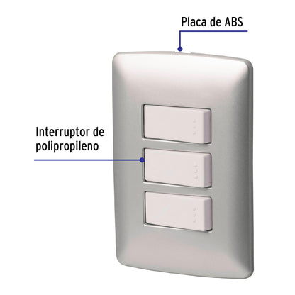 Placa armada 2 interruptores 1escalera, plata,línea Italiana PA-APTR-EIP 46483 MM00