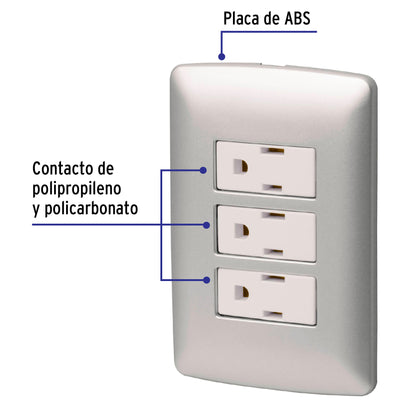 Placa armada 3 contactos aterrizados, plata, línea Italiana PA-COTR-IP 46476 MM00