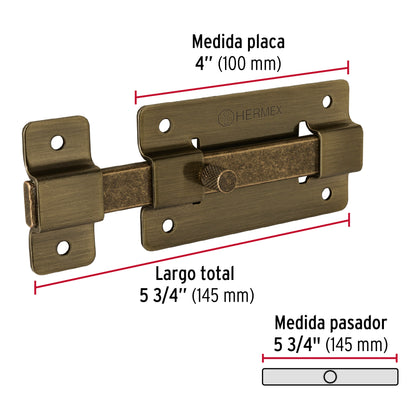 Pasador de barra plana 4', latón antiguo, Hermex PAA-37 47927 MM0