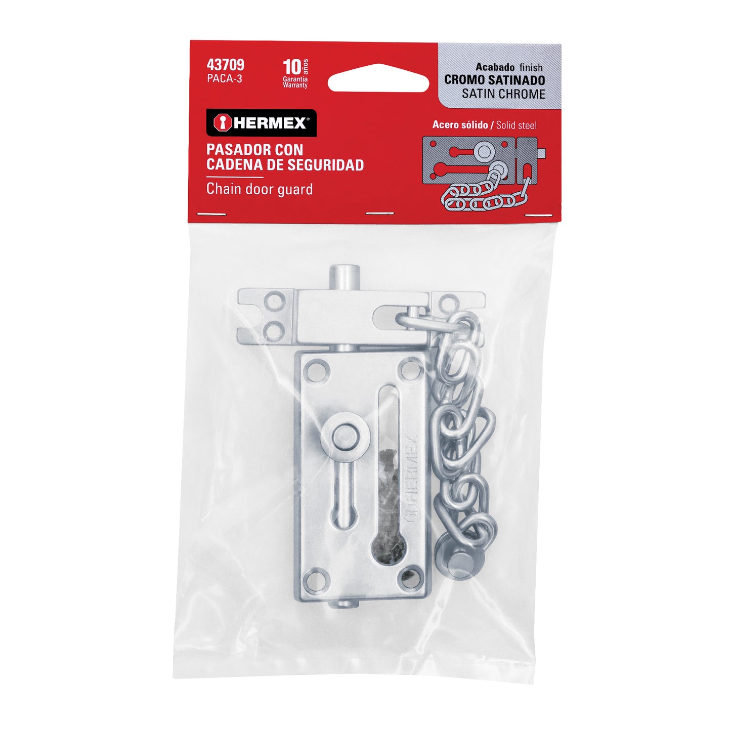 Pasador con cadena para puerta, acabado cromo mate, Hermex PACA-3 43709 MM0